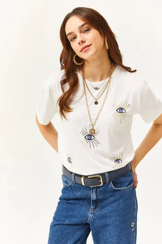 Kadın Ekru Göz Baskılı Varak Detaylı Tişört TSH-19000770-Ekru - 2