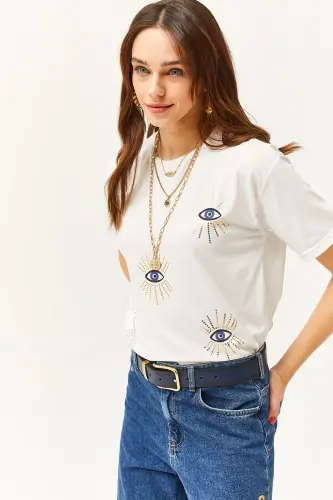 Kadın Ekru Göz Baskılı Varak Detaylı Tişört TSH-19000770-Ekru - 3