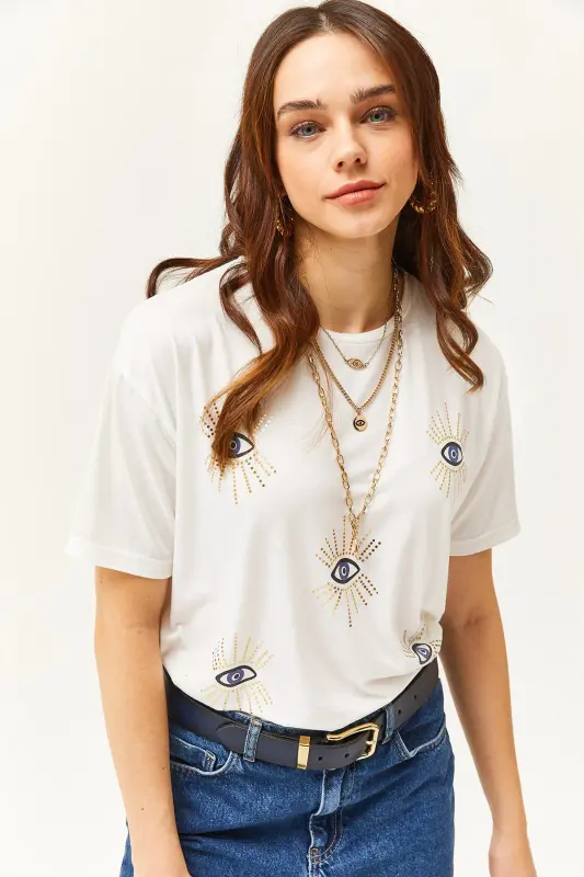 Kadın Ekru Göz Baskılı Varak Detaylı Tişört TSH-19000770-Ekru - 4