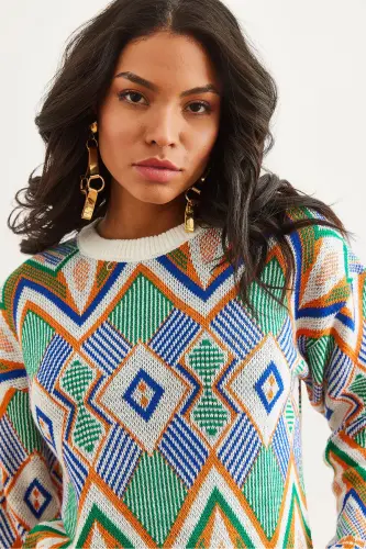 Kadın Ekru Kilim Desen Triko Kazak KZK-19000869-Ekru - 5