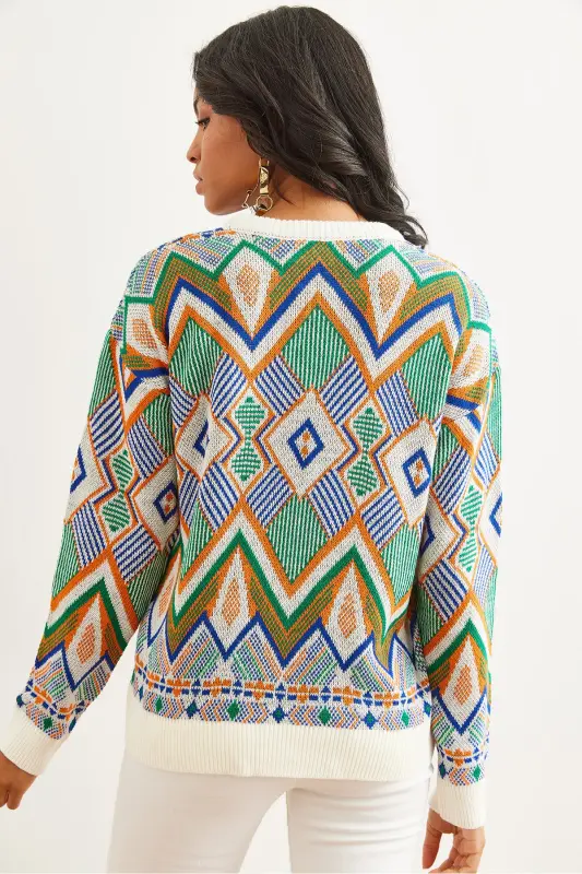 Kadın Ekru Kilim Desen Triko Kazak KZK-19000869-Ekru - 6