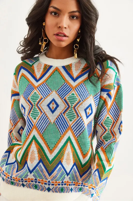 Kadın Ekru Kilim Desen Triko Kazak KZK-19000869-Ekru - 1