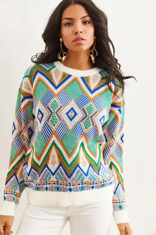 Kadın Ekru Kilim Desen Triko Kazak KZK-19000869-Ekru - 2