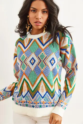 Kadın Ekru Kilim Desen Triko Kazak KZK-19000869-Ekru - 3