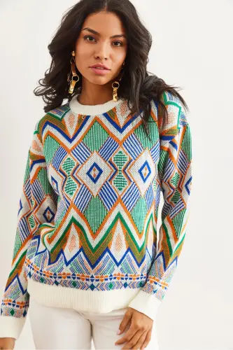 Kadın Ekru Kilim Desen Triko Kazak KZK-19000869-Ekru - 4