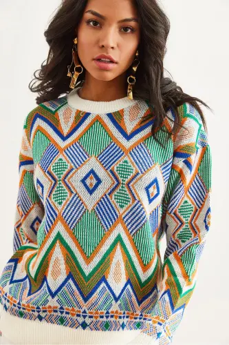 Kadın Ekru Kilim Desen Triko Kazak KZK-19000869-Ekru 