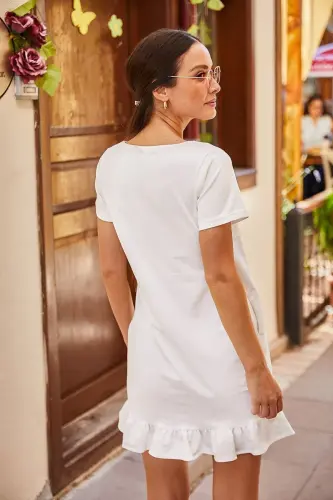 Kadın EKRU KISA KOLLU ALTI FIRFIRLI ELBİSE-EKRU - 3