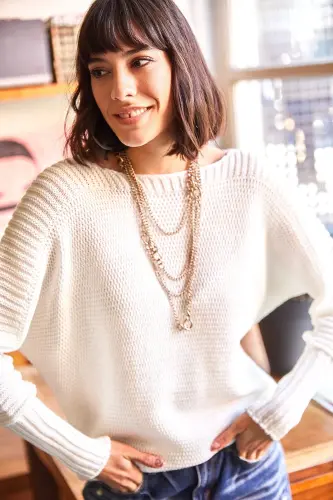 Kadın Ekru Kol Detaylı Petek Örgü Kazak KZK-19000399-Ekru - OLALOOK (1)