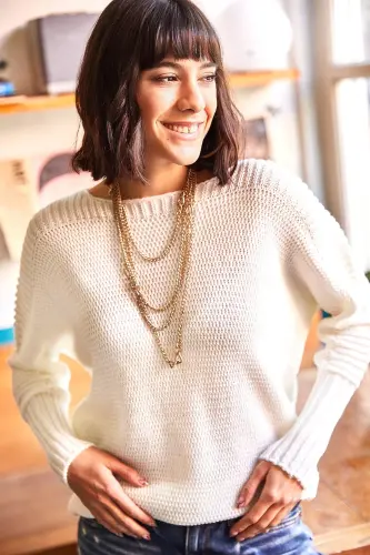 Kadın Ekru Kol Detaylı Petek Örgü Kazak KZK-19000399-Ekru 