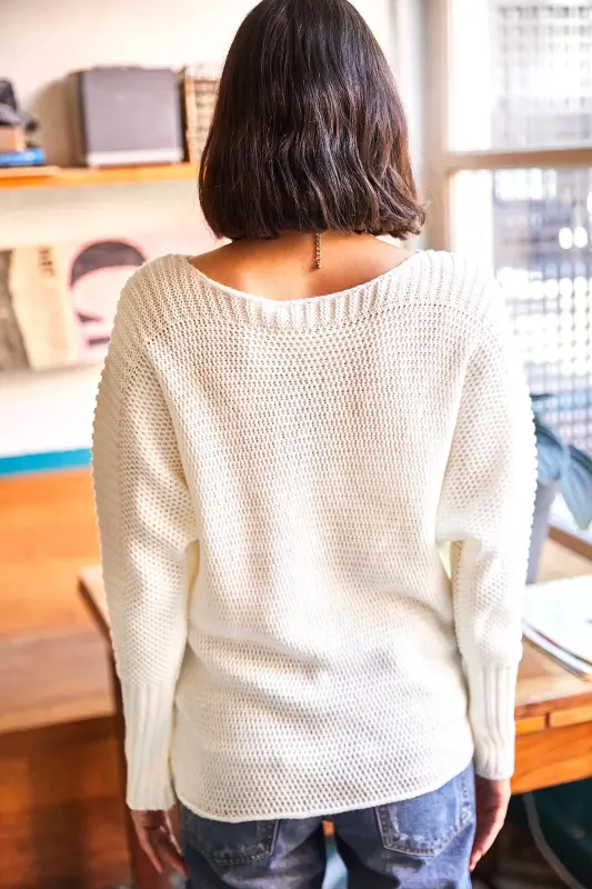 Kadın Ekru Kol Detaylı Petek Örgü Kazak KZK-19000399-Ekru - 5