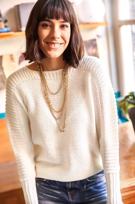 Kadın Ekru Kol Detaylı Petek Örgü Kazak KZK-19000399-Ekru - 4