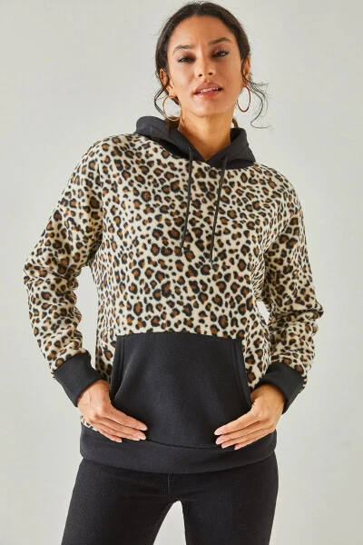 Kadın Ekru Leopar Leopar Kapşonlu Polar Sweatshirt SWT-19000326 - 1