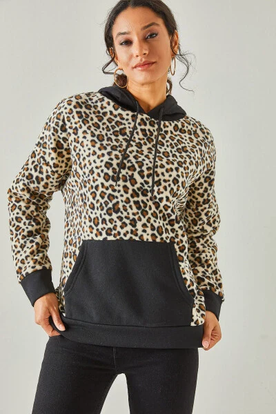 Kadın Ekru Leopar Leopar Kapşonlu Polar Sweatshirt SWT-19000326 - 4