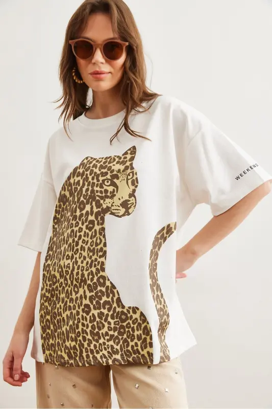 Kadın Ekru Leopar Ön Arka Baskılı 2 iplik Unisex Oversize Tişört TSH-19000696 - Ekru Leopar - 1