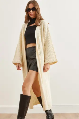 Kadın Ekru Manşeti Katlamalı Maxi Triko Hırka HRK-19000297-Ekru - 1