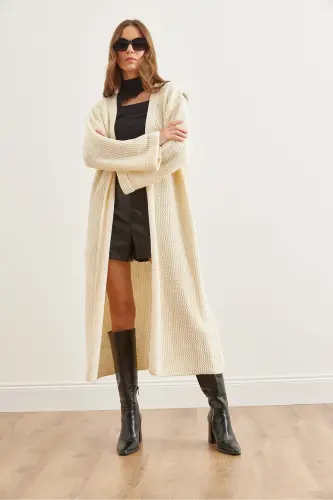 Kadın Ekru Manşeti Katlamalı Maxi Triko Hırka HRK-19000297-Ekru - 3