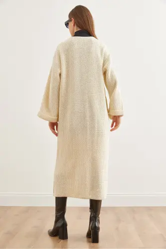 Kadın Ekru Manşeti Katlamalı Maxi Triko Hırka HRK-19000297-Ekru - 4