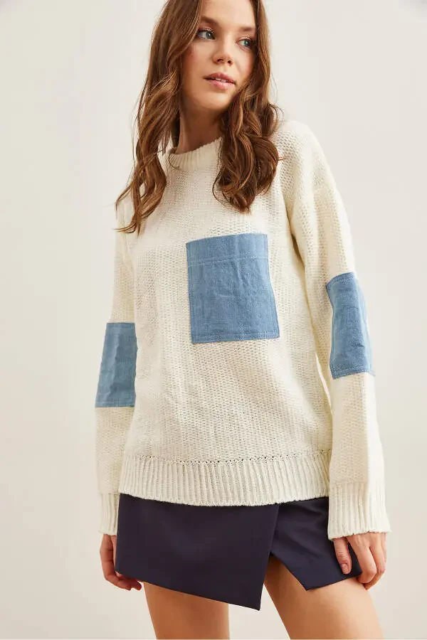 Kadın Ekru mavi Denim Garnili Cepli Salaş Triko Kazak KZK-19000837 - 4