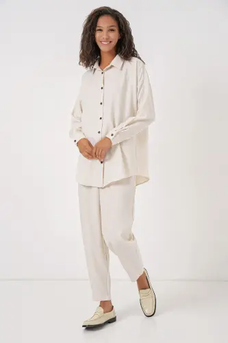 Kadın Ekru Oversize Keten Alt Üst Takım 6622 - EKRU 