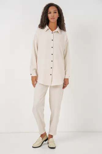Kadın Ekru Oversize Keten Alt Üst Takım 6622 - EKRU - 3
