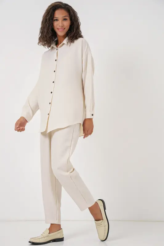 Kadın Ekru Oversize Keten Alt Üst Takım 6622 - EKRU - 4