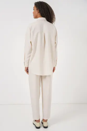 Kadın Ekru Oversize Keten Alt Üst Takım 6622 - EKRU - 6