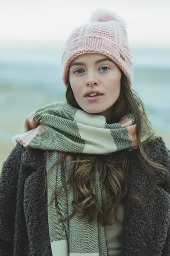 Kadın Ekru Püsküllü Kışlık Atkı Triko Renkli Basic Yumuşak Dokulu Esnek Akrilik Lily Çizgili-Ekru - 3