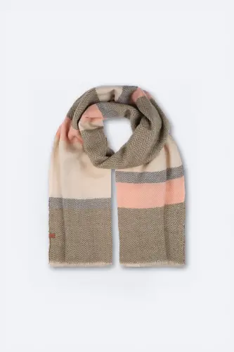 Kadın Ekru Püsküllü Kışlık Atkı Triko Renkli Basic Yumuşak Dokulu Esnek Akrilik Lily Çizgili-Ekru - 7