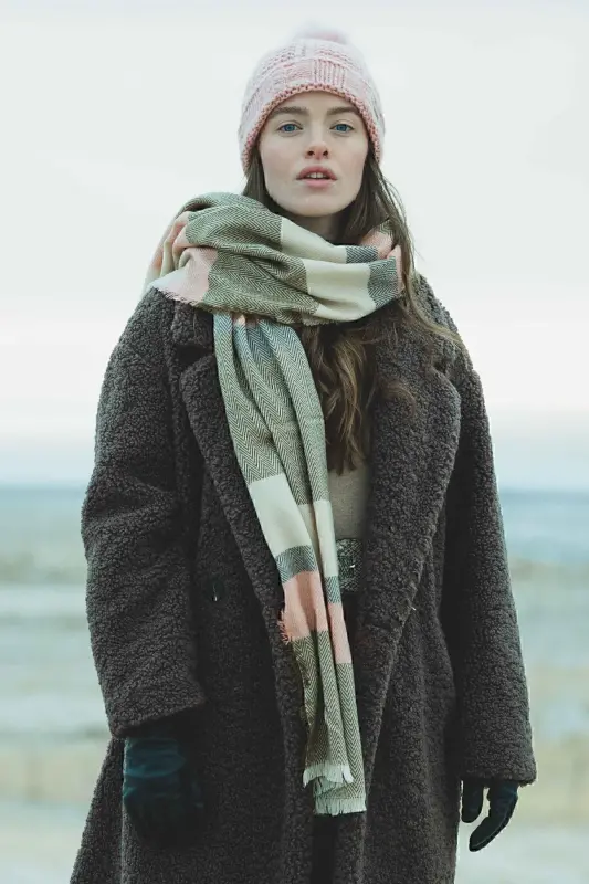 Kadın Ekru Püsküllü Kışlık Atkı Triko Renkli Basic Yumuşak Dokulu Esnek Akrilik Lily Çizgili-Ekru - 1