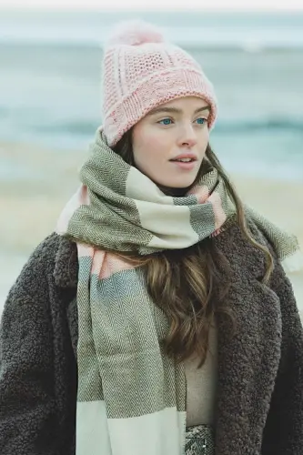 Kadın Ekru Püsküllü Kışlık Atkı Triko Renkli Basic Yumuşak Dokulu Esnek Akrilik Lily Çizgili-Ekru - 4