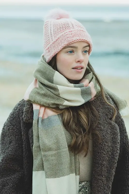 Kadın Ekru Püsküllü Kışlık Atkı Triko Renkli Basic Yumuşak Dokulu Esnek Akrilik Lily Çizgili-Ekru - 4