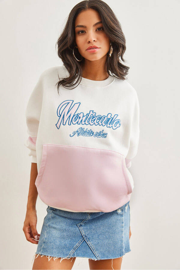 Kadın Ekru Renkli Kanguru Cepli Şardonlu Sweatshirt SWT-19000692 - 1