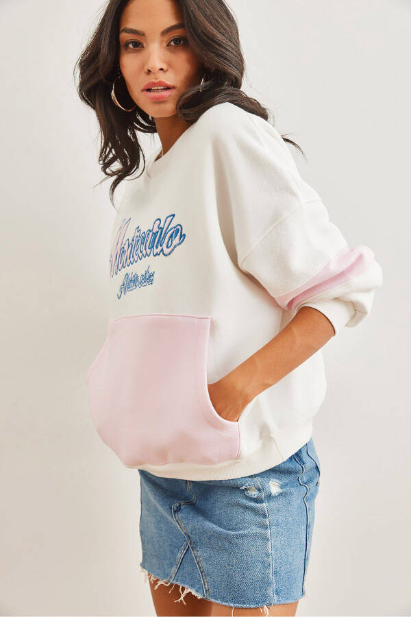 Kadın Ekru Renkli Kanguru Cepli Şardonlu Sweatshirt SWT-19000692 - 5