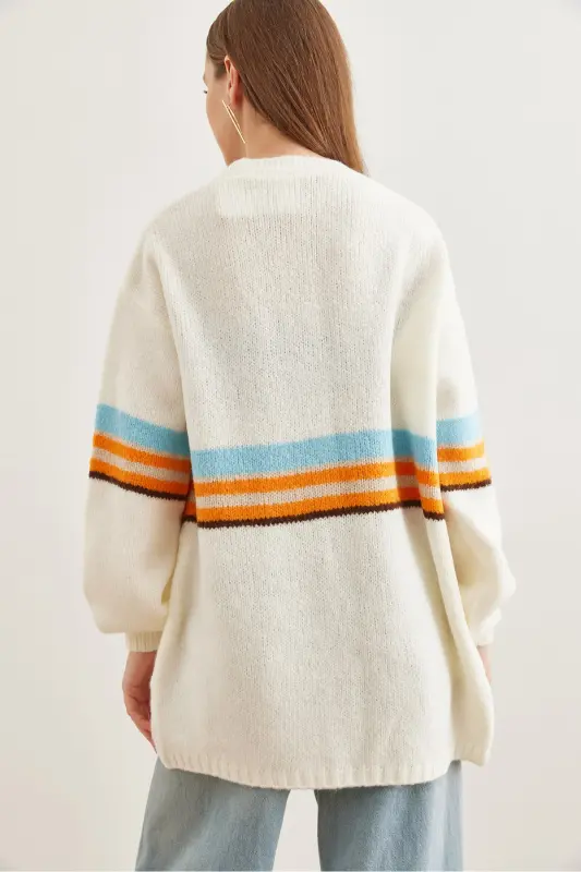 Kadın Ekru Renkli Şeritli Yumuşak Dokulu Triko Hırka HRK-19000299-Ekru - 6