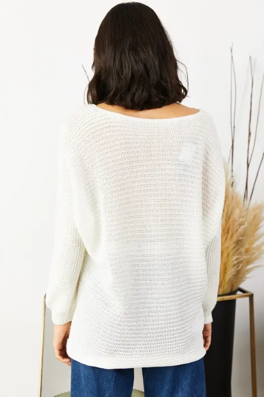 Kadın Ekru Selanik Salaş Triko Kazak KZK-19000051-Ekru - 4