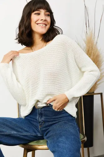 Kadın Ekru Selanik Salaş Triko Kazak KZK-19000051-Ekru 
