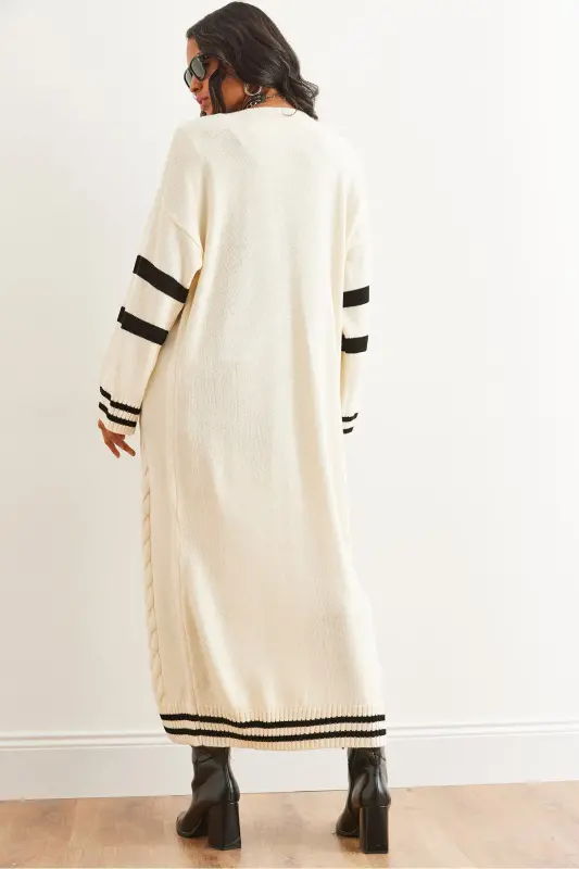 Kadın Ekru Şerit Detaylı Maxi Oversize Triko Hırka HRK-19000317 - Ekru - 7
