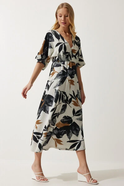 Kadın Ekru Siyah Anvelop Yaka Desenli Örme Elbise DK00167-Ekru Siyah - 1