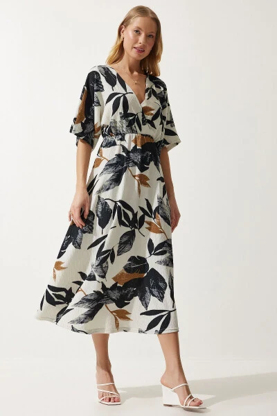 Kadın Ekru Siyah Anvelop Yaka Desenli Örme Elbise DK00167-Ekru Siyah - 2