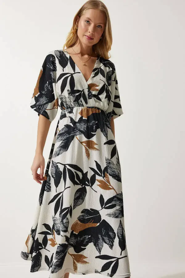 Kadın Ekru Siyah Anvelop Yaka Desenli Örme Elbise DK00167-Ekru Siyah - 3