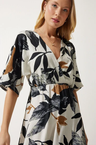 Kadın Ekru Siyah Anvelop Yaka Desenli Örme Elbise DK00167-Ekru Siyah - 4