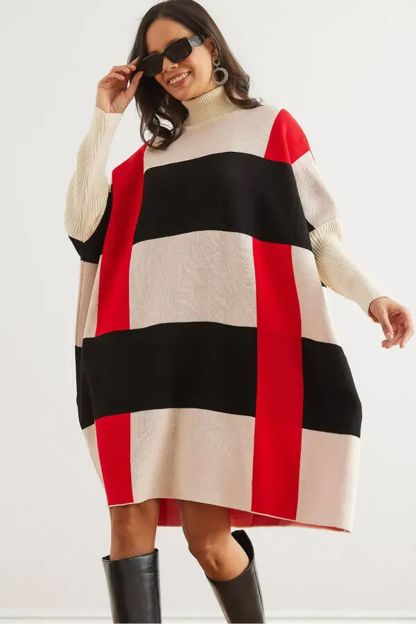 Kadın Ekru Siyah Ekose Kalın Panço Tunik Elbise ELB-19002323 - 1