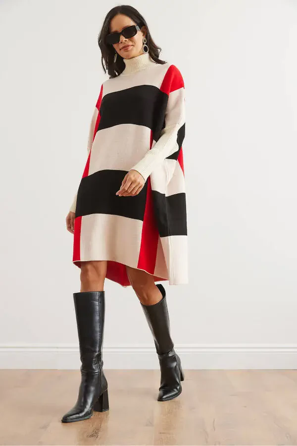 Kadın Ekru Siyah Ekose Kalın Panço Tunik Elbise ELB-19002323 - 2