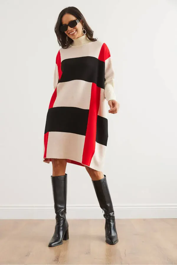 Kadın Ekru Siyah Ekose Kalın Panço Tunik Elbise ELB-19002323 - 4