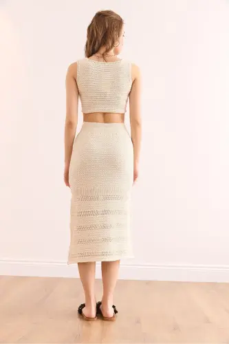 Kadın Ekru Üst Bluz Alt Etek Pamuk Takım TKM-19000369-Ekru - 6