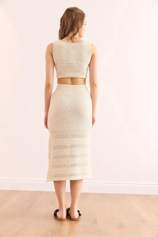 Kadın Ekru Üst Bluz Alt Etek Pamuk Takım TKM-19000369-Ekru - 6