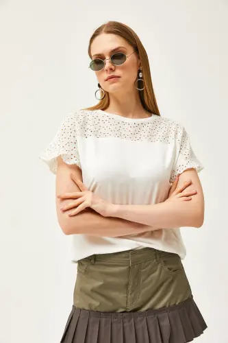 Kadın Ekru Üstü Fisto Kolu Volanlı T-shirt BLZ-19000979-EKRU - 5