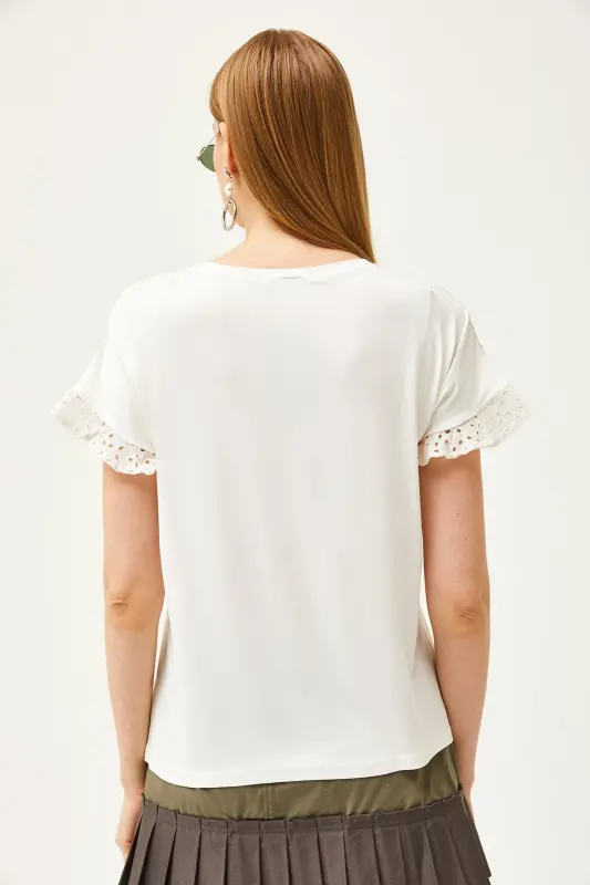Kadın Ekru Üstü Fisto Kolu Volanlı T-shirt BLZ-19000979-EKRU - 7