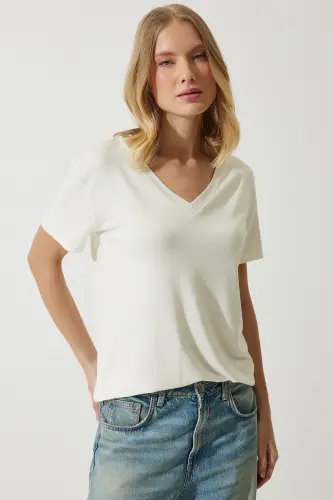Kadın Ekru V Yaka Basic Viskon Örme T-Shirt EN00613-Beyaz 