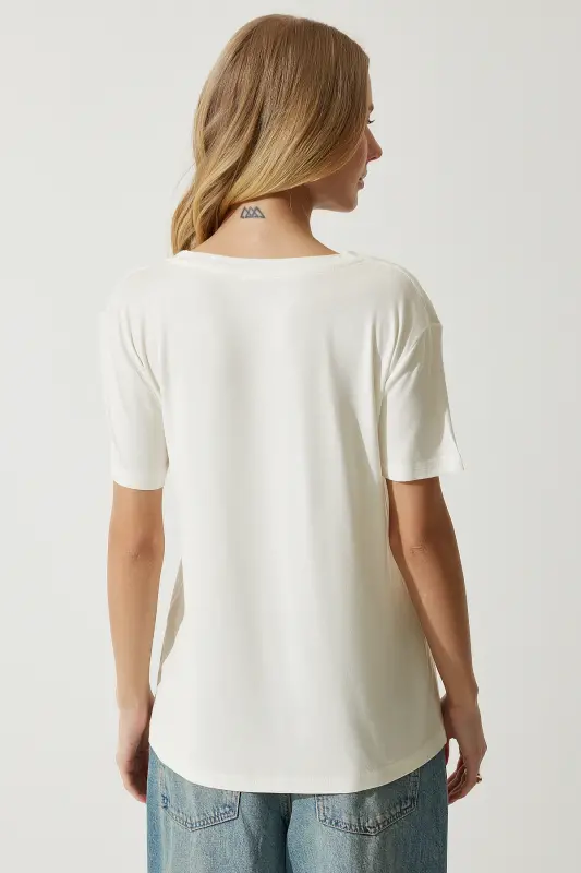 Kadın Ekru V Yaka Basic Viskon Örme T-Shirt EN00613-Beyaz - 5